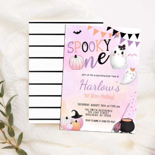 ワン不気味幽霊パステルパープルハロウィーン誕生日 招待状