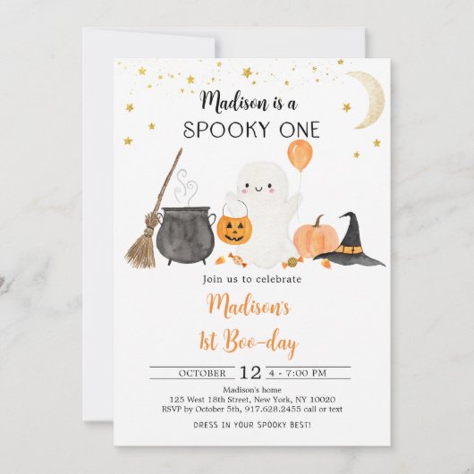 ワン不気味幽霊パンプキンハロウィンファースト誕生日 招待状 (正面)