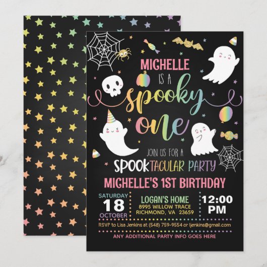 ワン不気味誕生日招待状 – ガール(Blk/Pastel) 招待状 (正面/裏面)