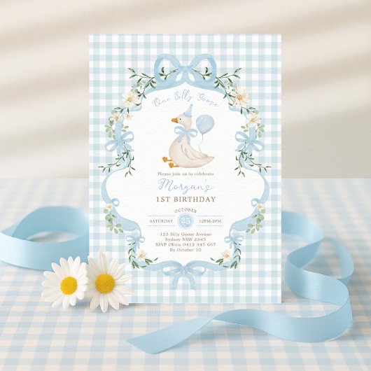 ワン名門私立校風の間抜けグースブルーボウ1st誕生日 招待状