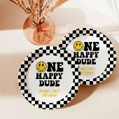 ワン市松模様にハッピードダード1st誕生日スマイル ペーパープレート