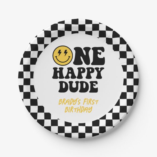 ワン市松模様にハッピードダード1st誕生日スマイル ペーパープレート (正面)