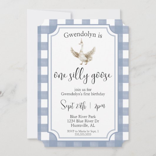 「ワン間抜けガチョウ」かわいいブルーの最初の誕生日パーティー 招待状 (正面)