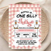 ワン間抜けグースおもしろいかわいい女の子1st誕生日パーティー 招待状