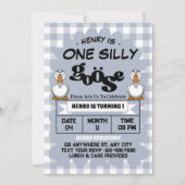 ワン間抜けグースおもしろいかわいい少年1歳の誕生日パーティー 招待状 (正面)