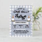 ワン間抜けグースおもしろいかわいい少年1歳の誕生日パーティー 招待状 (スタンド正面)