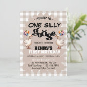 ワン間抜けグースおもしろいかわいい少年1歳の誕生日パーティー 招待状 (スタンド正面)
