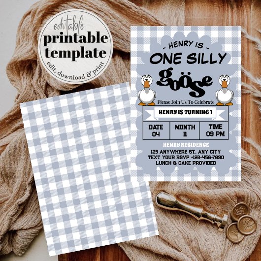 ワン間抜けグースおもしろいかわいい少年1歳の誕生日パーティー 招待状