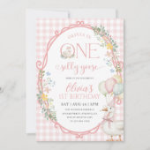 ワン間抜けグースガール1stバースデーピンクギンガム 招待状 (正面)