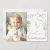 ワン間抜けグースパステル写真少年1歳の誕生日 招待状 (正面)