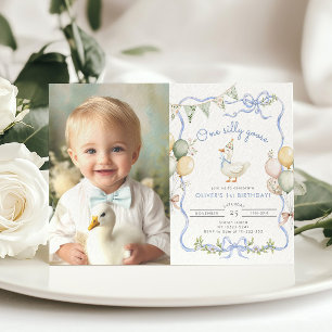 ワン間抜けグースパステル写真少年1歳の誕生日 招待状