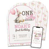 ワン間抜けグースパーソナライズされた1歳の誕生日アーチ 招待状