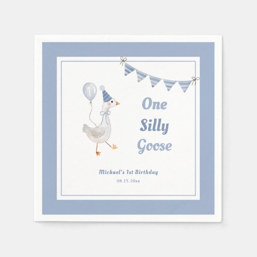 ワン間抜けグースブルーボーイ1歳の誕生日 スタンダードカクテルナプキン (正面)