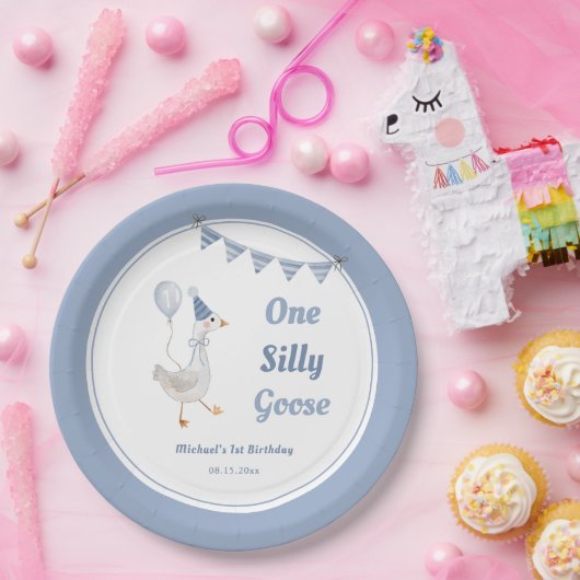 ワン間抜けグースブルーボーイ1歳の誕生日 ペーパープレート (パーティー)