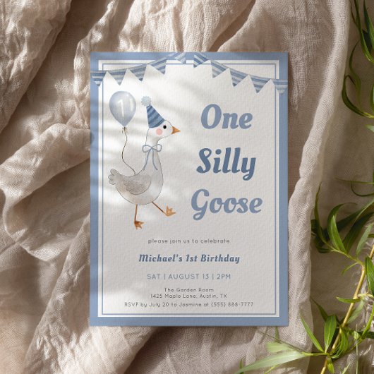 ワン間抜けグースブルーボーイ1歳の誕生日 招待状
