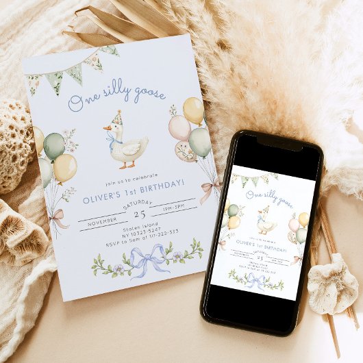 ワン間抜けグースブルーボーイ1歳の誕生日 招待状