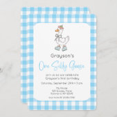 ワン間抜けグースブルー1歳の誕生日フォト招待状 招待状 (正面/裏面)
