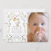 ワン間抜けグースワイルドフラワー写真第1誕生日 招待状 (正面)