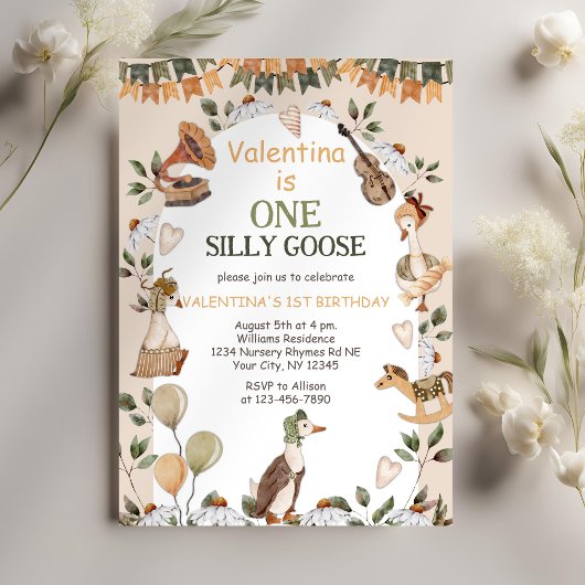 ワン間抜けグースヴィンテージニュートラル第1誕生日 招待状