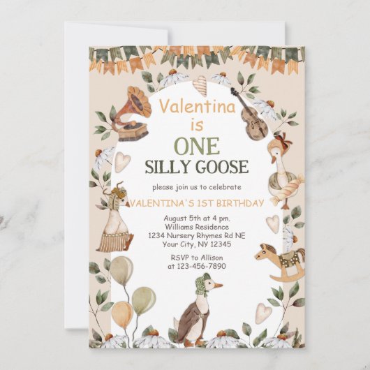 ワン間抜けグースヴィンテージニュートラル第1誕生日 招待状 (正面)