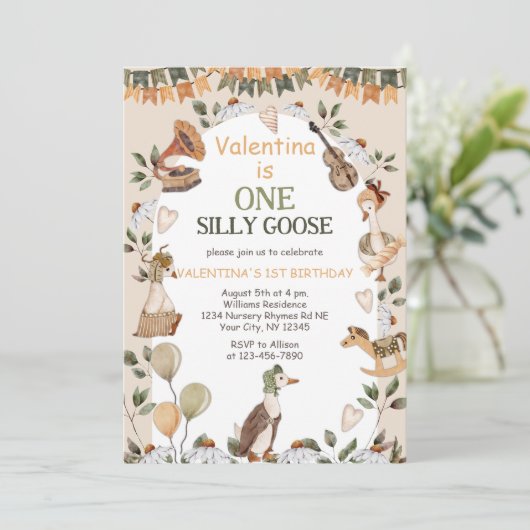 ワン間抜けグースヴィンテージニュートラル第1誕生日 招待状 (スタンド正面)