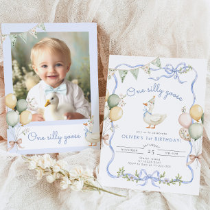 ワン間抜けグース写真少年1歳の誕生日 招待状