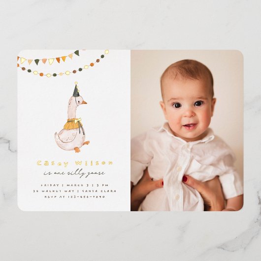 ワン間抜けグース写真1歳の誕生日パーティー 箔招待状 (正面)