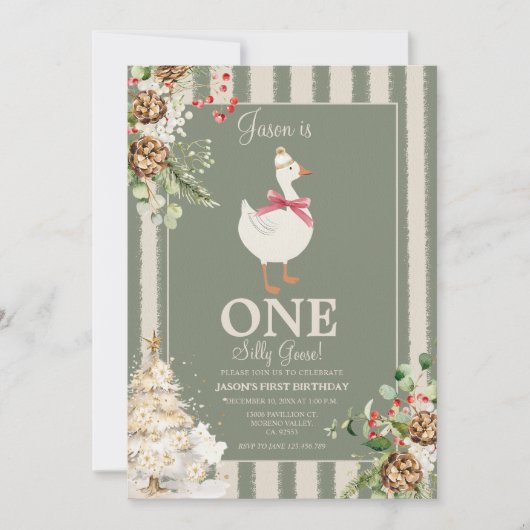 ワン間抜けグース冬の緑の松1日 招待状 (正面)