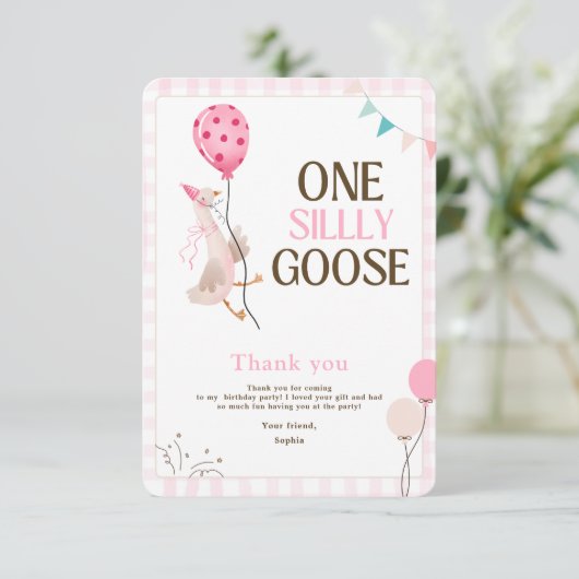 ワン間抜けグース誕生日1歳の誕生日ガールピンク サンキューカード (スタンド正面)