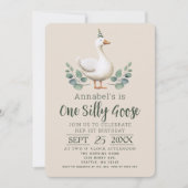 ワン間抜けグース1歳のバースデー素朴ウォーター色 招待状 (正面)