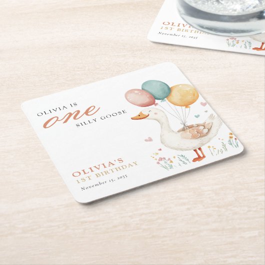 ワン間抜けグース1歳の誕生日パーティー スクエアペーパーコースター (アングル)