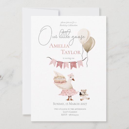 ワン間抜けヴィンテージ誕生日グースウォーター色 招待状 (正面)