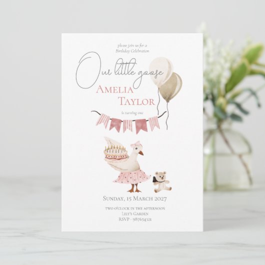 ワン間抜けヴィンテージ誕生日グースウォーター色 招待状 (スタンド正面)