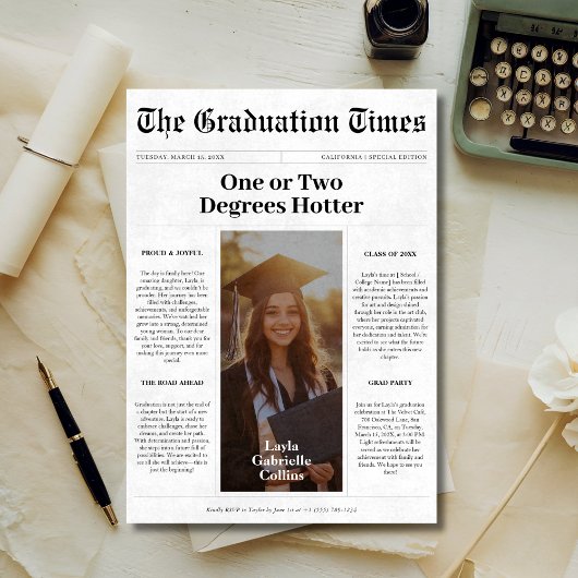 「ワン・オア・ツー・ディグリーズ・ホッタ―」卒業式新聞 招待状