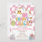 ワン グルービー チック スプリング デイジー 1歳の誕生日パーティー 招待状 (正面)
