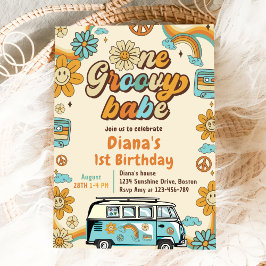 ワン・グルービー・ベイブ・レトロ・レインボー・ファースト・バースデー・パーティ 招待状