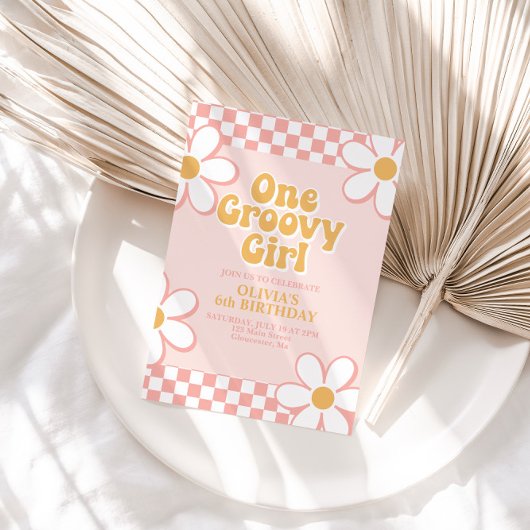 ワン グルーヴィー ガール レトロ チェック ピンク デイジー 招待状