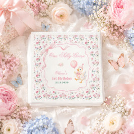 ワン シリィ グース ピンク リボン フラワー 1歳の誕生日 スタンダードカクテルナプキン