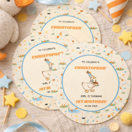 ワン シリー グース レトロ 1歳 誕生日 ファン モダン ラウンドシール