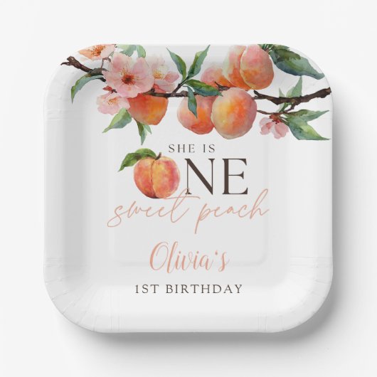 ワン スウィート ピーチ 1歳の誕生日 ペーパープレート (正面)