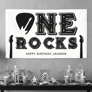 ワン ロックス ギター ピック 1歳の誕生日パーティー ホワイト 横断幕
