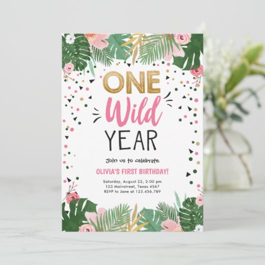 ワン·ワイルド·イヤー·サファリ·金ゴールド·ガール·ファースト1歳の誕生日 招待状 (スタンド正面)