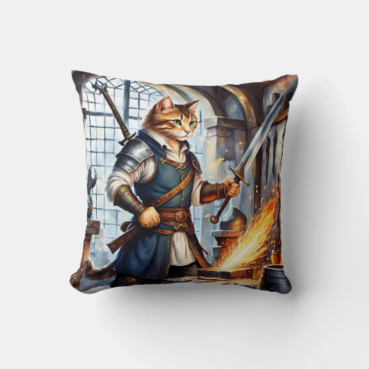 ワークショップで刀を鍛造する勇敢な猫の鍛冶屋 クッション (正面)