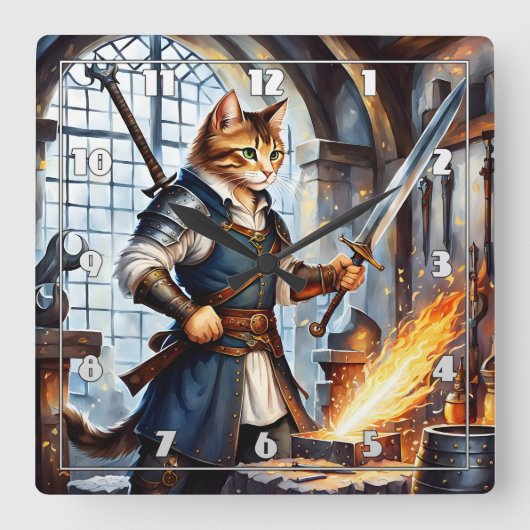 ワークショップで刀を鍛造する勇敢な猫の鍛冶屋 スクエア壁時計 (正面)
