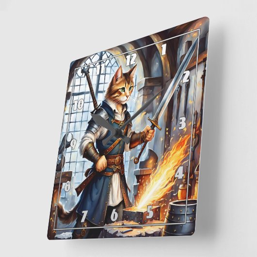 ワークショップで刀を鍛造する勇敢な猫の鍛冶屋 スクエア壁時計 (傾斜)