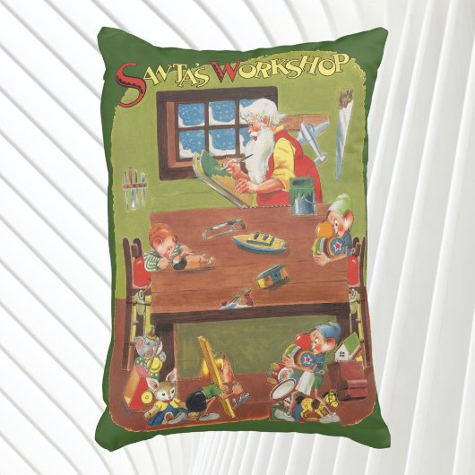 ワークショップに小人が参加したヴィンテージクリスマスサンタ アクセントクッション