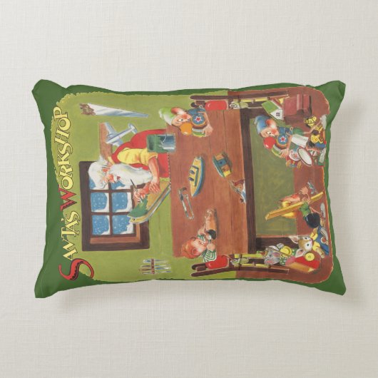 ワークショップに小人が参加したヴィンテージクリスマスサンタ アクセントクッション (正面)