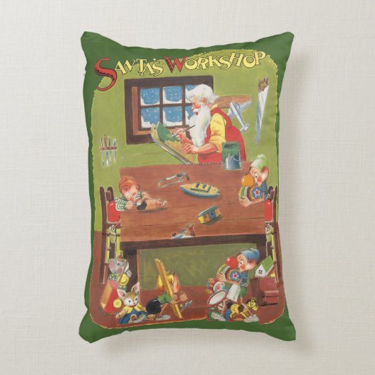 ワークショップに小人が参加したヴィンテージクリスマスサンタ アクセントクッション (正面(垂直))