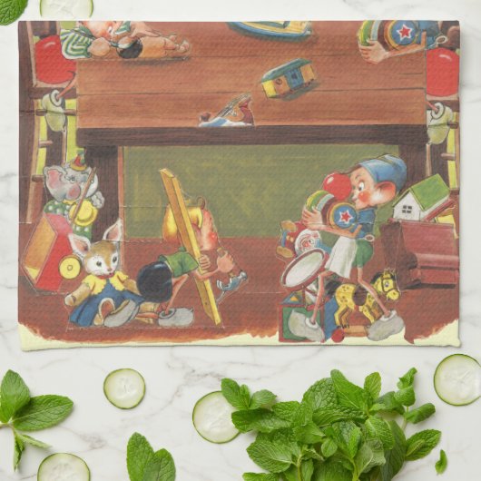 ワークショップに小人が参加したヴィンテージクリスマスサンタ キッチンタオル (折り畳み)