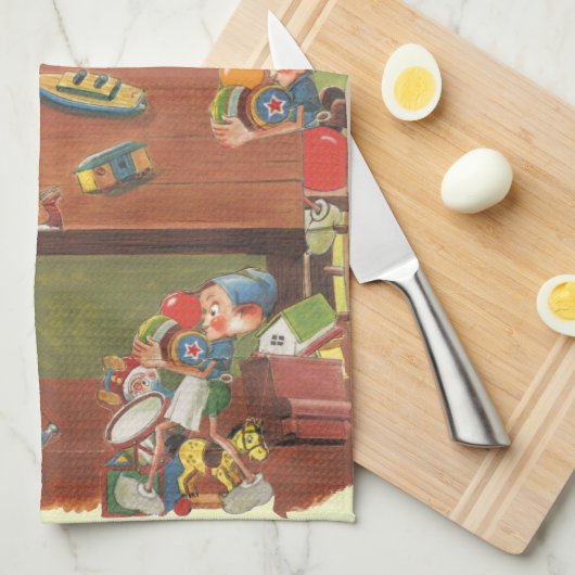 ワークショップに小人が参加したヴィンテージクリスマスサンタ キッチンタオル (四つ折り)